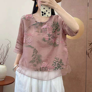 Áo sơ mi linen ngắn tay cổ tàu thêu phong cảnh - NU10131