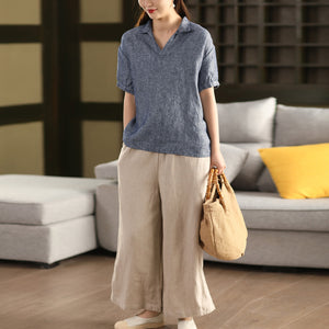 Áo sơ mi linen ngắn tay cổ đức một màu - A801