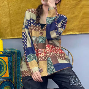 Áo khoác len cardigan dài tay cổ V in hoa văn retro - NU9190