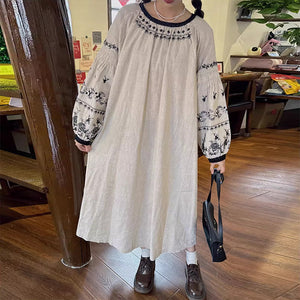 Đầm liền linen Morigirl dài tay cổ tròn thêu retro  - NU10334
