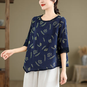 Áo T-shirt ngắn tay cổ tròn phối ren thêu hoa lá - NU10256