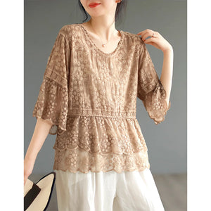 Áo T-shirt thêu ren retro ngắn tay cổ tròn - NU9058