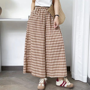 Quần baggy linen lưng thun ống rộng kẻ caro hai túi chéo - NU10159
