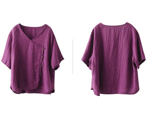 Áo sơ mi linen ngắn tay cổ V vạt lệch - NU9060