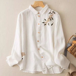 Áo sơ mi linen dài tay cổ pipi thêu nhành hoa - NU9249