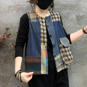 Áo khoác denim gile sát nách chắp vá caro - NU10344