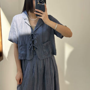 Áo sơ mi linen ngắn tay cổ vest cột dây - NU9842