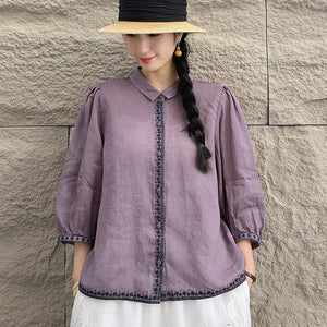 Áo sơ mi linen tay lửng cổ pipi thêu bo viền - A693