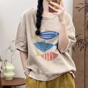 Áo T-shirt linen ngắn tay cổ tròn in những chú cá gỗ - NU10459
