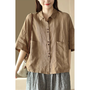 Áo sơ mi linen ngắn tay cổ đức hai túi vuông lớn - NU9019