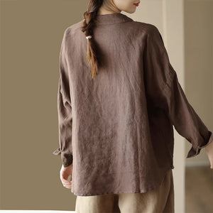 Áo sơ mi linen dài tay cổ đức hai túi vuông form rộng - NU9137