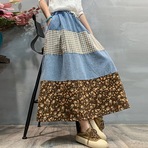 Chân váy denim lưng thun in hoa lá phối caro - V076