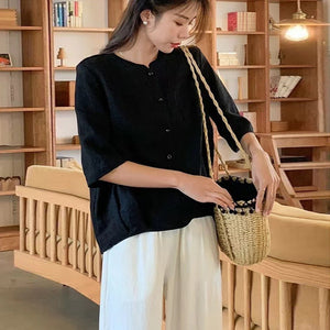 Áo sơ mi linen ngắn tay cổ tròn một túi retro - NU9980