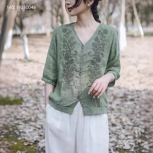 Áo sơ mi linen ngắn tay cổ V thêu mùa hè - NU10043