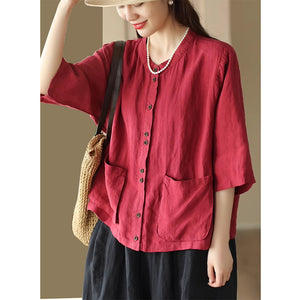 Áo sơ mi linen ngắn tay cổ tròn hai túi vuông vạt xẻ - NU8897