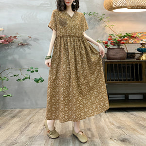 Đầm liền linen ngắn tay cổ V in hoa văn thêu một túi - D117