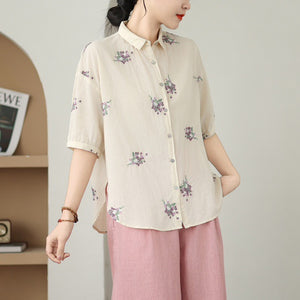 Áo sơ mi linen ngắn tay cổ đức thêu những chùm hoa - A727