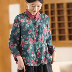 Áo sơ mi linen tay lửng cổ pipi in hoa lá - A681