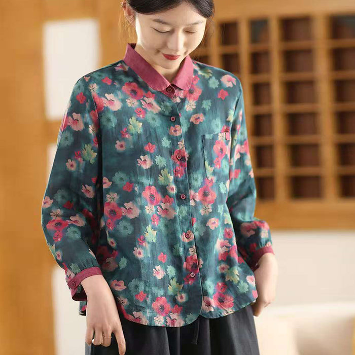 Áo sơ mi linen tay lửng cổ pipi in hoa lá - A681