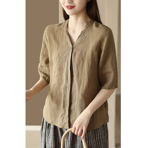 Áo sơ mi linen đơn sắc ngắn tay cổ V kiểu giấu khuy - NU8961