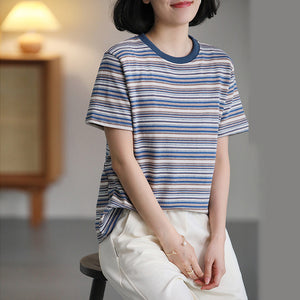 Áo T-shirt ngắn tay cổ tròn kẻ sọc sắc màu - NU10128