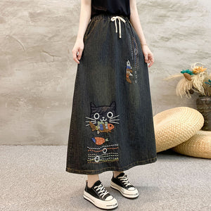 Chân váy denim lưng thun thêu mèo và cá - NU10080