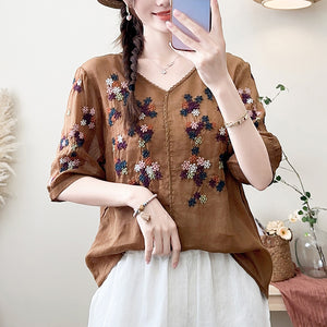 Áo sơ mi linen ngắn tay cổ V thêu hoa ngũ sắc - NU10404