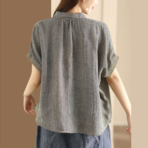 Áo sơ mi linen ngắn tay phối màu cổ đức kẻ caro - NU10151
