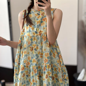 Đầm liền linen sát nách cổ tròn in hoa lá - NU8967