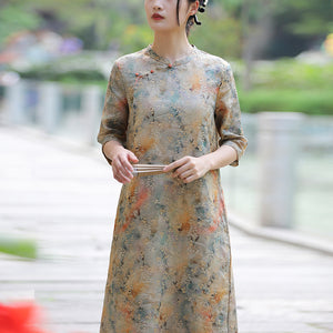 Đầm liền linen ngắn tay cổ tàu in hoa lá liti - NU10510
