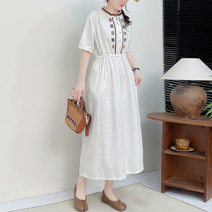 Đầm liền linen ngắn tay cổ tròn thêu hoa văn ô vuông - NU10144