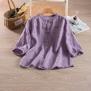 Áo sơ mi linen ngắn tay cổ tròn thêu những chấm màu - NU10306