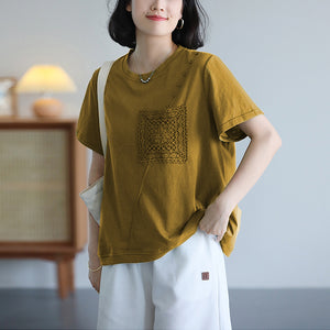 Áo T-shirt ngắn tay cổ tròn thêu trang trí ô vuông - NU10382