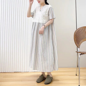 Đầm liền linen ngắn tay cổ V thêu retro kẻ sọc - NU10101
