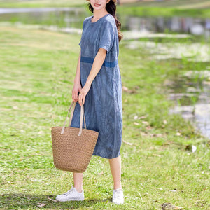 Đầm liền linen ngắn tay cổ tròn eo phối dải màu - NU9913
