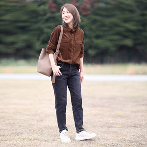 Áo sơ mi nhung dài tay cổ đức hai túi nhỏ - NU9420