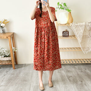 Đầm liền linen ngắn tay cổ tròn chiết eo xếp ly in hoa văn trừu tượng - NU8800