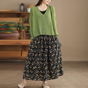 Chân váy linen retro lưng thun in hoa lá li ti hai lớp - V110