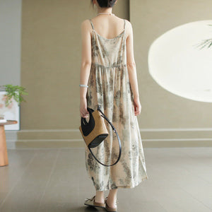 Đầm liền linen hai dây retro in hoa lá màu loang - D002