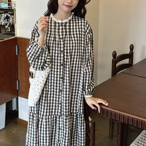 Đầm liền linen Morigirl dài tay cổ tròn kẻ caro - D040