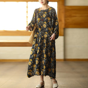 Áo sơ mi linen tay lửng cổ tròn vạt lệch in hoa lá - A718