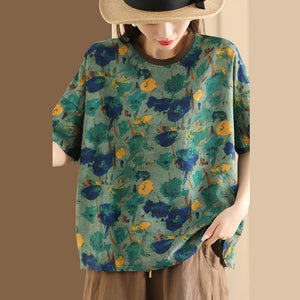 Áo T-shirt ngắn tay cổ tròn phối màu in hoa lá - NU10193