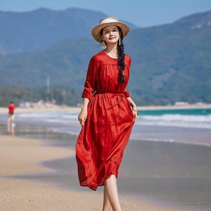 Đầm liền linen ngắn tay cổ tròn khuy cài - NU9904