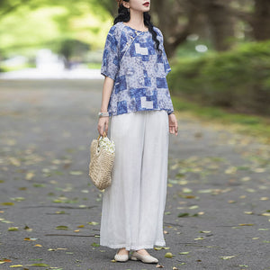 Áo sơ mi linen ngắn tay hoa văn retro khuy tròn cài lệch - NU10257