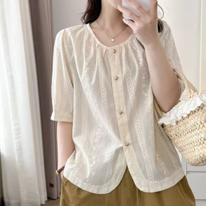 Áo sơ mi linen ngắn tay cổ tròn thêu hoa liti - A876