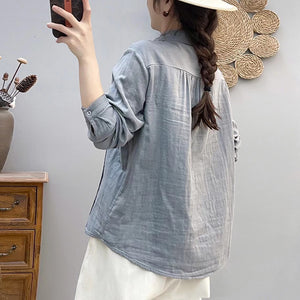 Áo sơ mi linen dài tay cổ cánh sen thêu hoa lá - NU9787