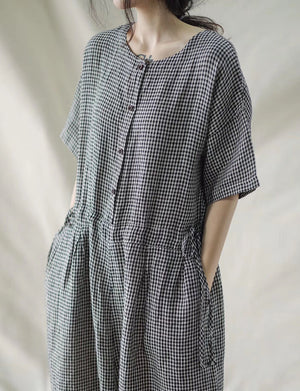 Áo liền quần baggy linen ngắn tay kẻ caro - NU8672