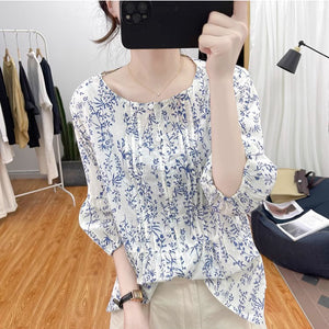 Áo sơ mi tay lửng cổ tròn xếp ly in hoa liti - NU8830