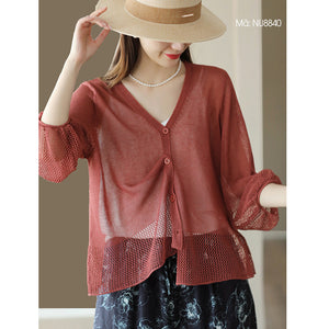 Áo khoác linen cardigan dệt kim dài tay cổ V - NU8837