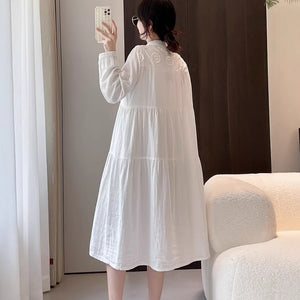 Đầm liền linen dài tay cổ đứng thêu hoa kiểu sơ mi - D032